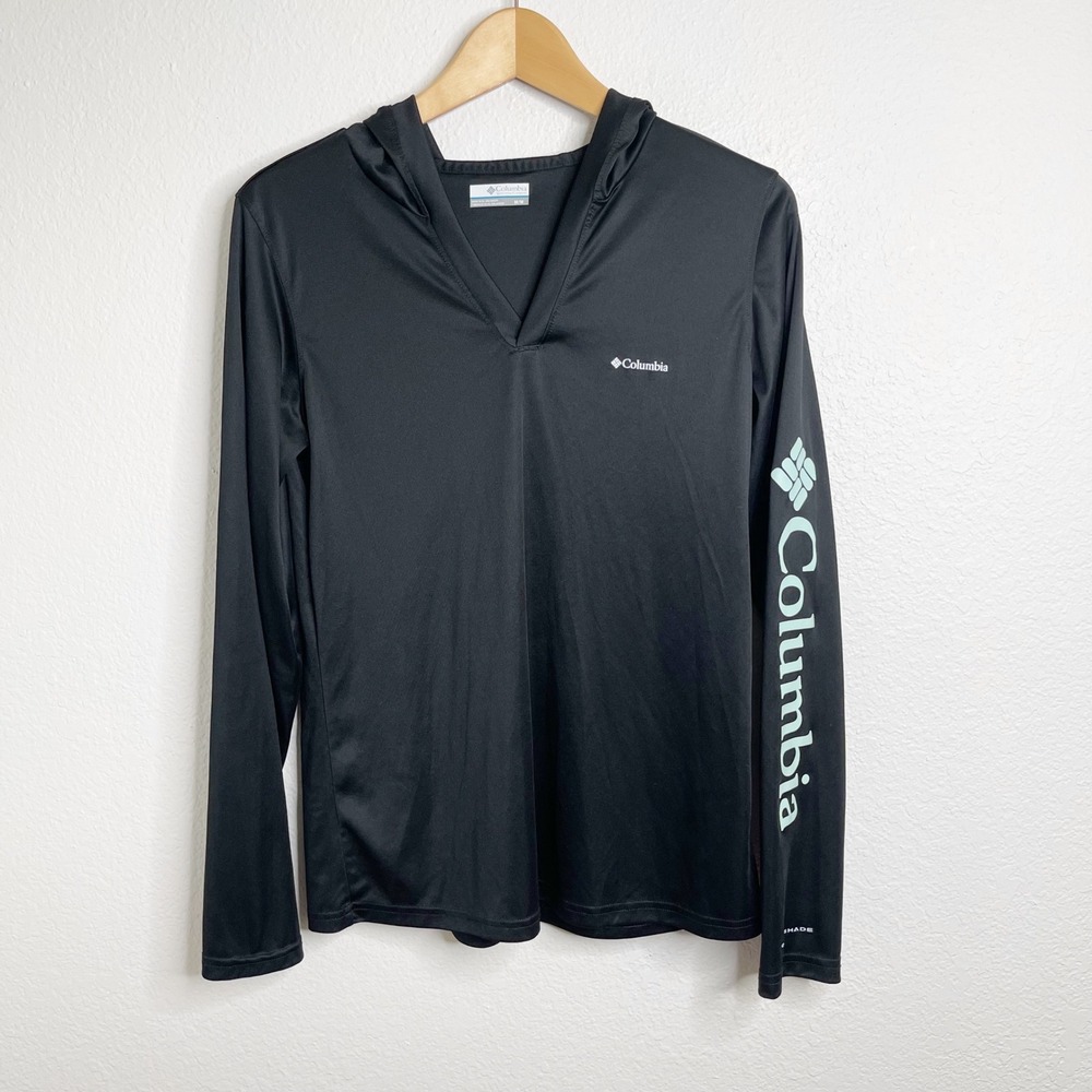 Columbia Womens Omni-Shade Sun Hoodie Black Long Sleeve Logo Shirt Medium